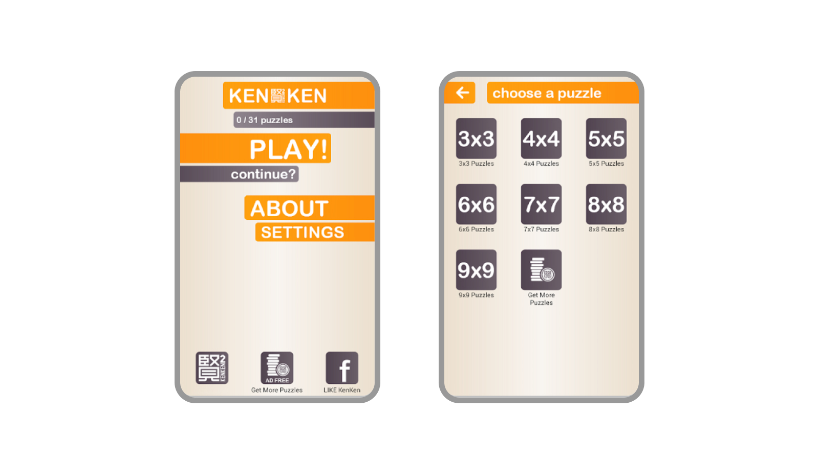 Пользовательский интерфейс мобильной игры KENKEN, где на первом экране видны различные кнопки, такие как играть, описание, настройки и продолжить игру, а на втором экране виден набор кнопок с размерами игрового поля от 3x3 до 9x9 и кнопки получить больше пазлов, которая есть и на первом экране.
