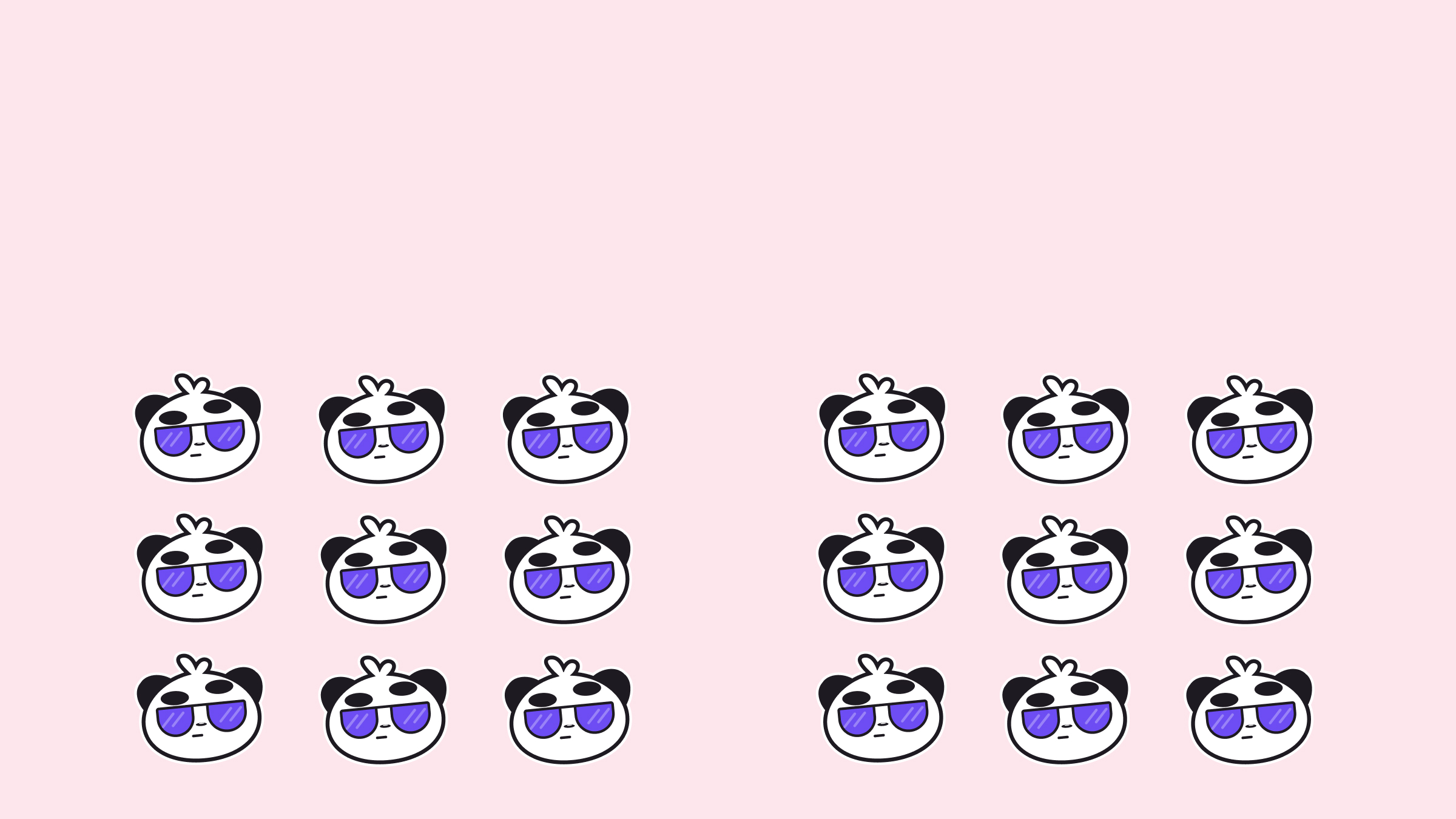 This picture shows two groups of vector pandas in purple glasses with 9 pandas per group. There is a small distance between the groups, and there is an indentation of the same size along the edges. There is also a large indentation on top, the background is pastel pink.